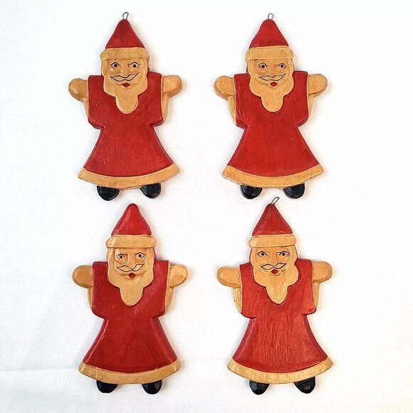 Handmade Other - Artisan Hand Crafted Santa Claus Christmas Ornaments Wooden Painted Set Folk Art